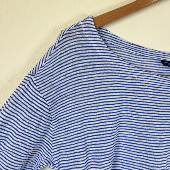 Adrienne Vittadini Top Womens 1X Plus Blue White Striped Linen Roll Tab Shirt - Picture 4 of 8